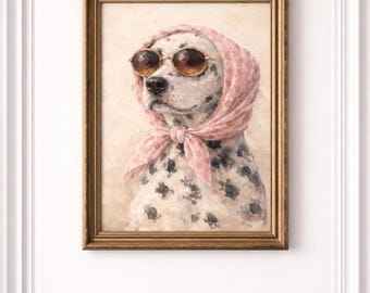 Chic Dalmatian Poster – Vintage A4 Illustration, Dog with Pink Scarf & Glasses, Elegant Wall Decoration
