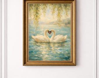 Romantic Swans Poster – Love Illustration – Vintage A4 Poster – Elegant Wall Decor – Printable Art