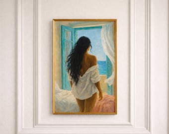 Poster of a woman seen from behind facing the sea – Mediterranean artistic illustration, elegant A4 wall decoration