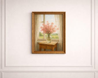 Vintage floral poster – Pink bouquet by a window | Romantic wall art | A4 printable poster | Elegant wall decoration