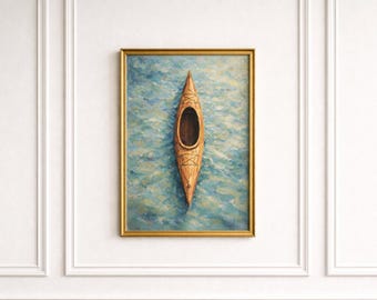 Wooden kayak poster, top view – Minimalist marine wall art – A4 home decor