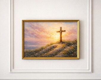 Christian Sunset Poster – Cross on Hill – A4 Horizontal Printable Spiritual Wall Art