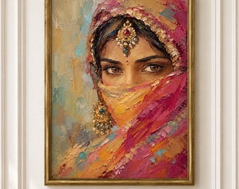 Textured Oriental Portrait | Veiled Woman Poster, Knife Painting | Boho Chic Wall Art, Digital Download