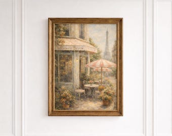 Vintage Paris poster – Parisian café with flowers and Eiffel Tower – A4 wall art in Impressionist painting style