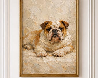 Vintage English Bulldog Poster | Textured Oil Painting Style Dog Portrait | A4 Digital Printable Wall Art