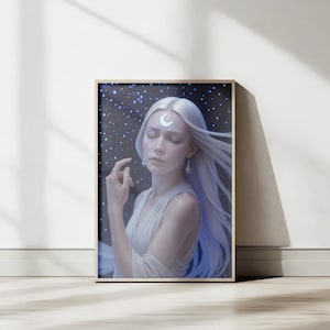 Peut inclure: Impression d'art encadrée représentant une femme sereine aux longs cheveux blancs et flottants, ornée d'un croissant de lune. L'œuvre d'art montre une femme aux yeux fermés sur un fond étoilé, évoquant un thème céleste. L'impression est dans un cadre en bois.