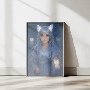 Peut inclure: Impression d'art encadrée représentant une illustration fantastique d'une femme aux cheveux bleus et oreilles de chat. Elle porte une robe bleue ornée d'étoiles, entourée d'esprits chats lumineux sur fond de nuit étoilée. L'œuvre a une qualité douce et éthérée.