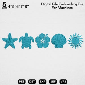 Paquete de diseños de mini bordados de playa tropical, archivo para máquina de bordar de tortuga marina, estrella de mar, concha de hibisco y sol, conjunto de iconos de verano costero, arte de la vida marina