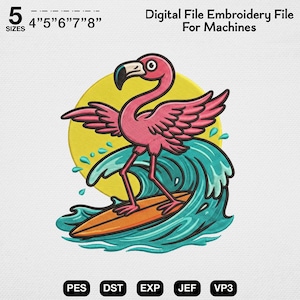 Puede incluir: Un archivo de bordado digital con un flamenco rosa surfeando en una tabla naranja sobre una ola turquesa, frente a un sol amarillo. Texto: 5 SIZES 4" 5" 6" 7" 8" Digital File Embroidery File For Machines PES DST EXP JEF VP3.