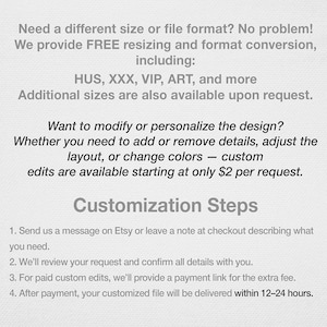 May include: Text on a white background detailing customization services. It mentions free resizing, format conversion, and custom edits starting at $2. The text also includes steps for requesting modifications and delivery within 12-24 hours.