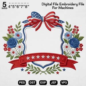 USA 250th Anniversary Patriotic Monogram Frame Embroidery Design, 4th of July Floral Crest Machine File, Red White Blue Banner Stitch Art