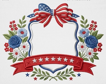 USA 250th Anniversary Patriotic Monogram Frame Embroidery Design, 4th of July Floral Crest Machine File, Red White Blue Banner Stitch Art