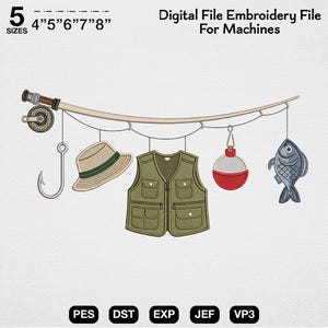 Fly Fishing Gear Garland Embroidery Design, Fisherman Rod and Vest Machine File, Red Bobber Fish Stitch Art, Father's Day Digital Download