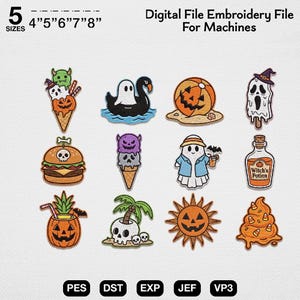 May include: A digital embroidery file for machines featuring twelve Halloween-themed designs including a ghost in a pool float, a pumpkin beach ball, a burger with a skull, a witch's potion bottle, and a sun with a jack-o'-lantern face.