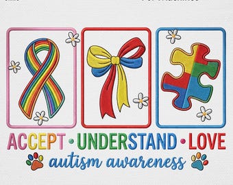 Autism Awareness Embroidery Design, Accept Understand Love Machine File, Puzzle Piece Ribbon Bow Art, Neurodiversity Pride SPED Teacher Art