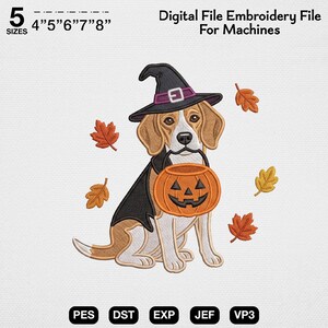 May include: A digital embroidery file for machines featuring a beagle dog wearing a black witch hat with a purple band and a black cape. The dog holds an orange jack-o'-lantern bucket in its mouth, surrounded by five autumn leaves in 4" 5" 6" 7" 8" sizes.
