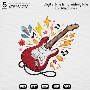 Könnte beinhalten: Eine digitale Stickdatei für Maschinen mit einer roten E-Gitarre mit weißem Schlagbrett, umgeben von gelben Blitzen, blauen Kristallen, roten Sternen und schwarzen Musiknoten. Der Text lautet 5 SIZES 4" 5" 6" 7" 8" und Digital File Embroidery File For Machines.