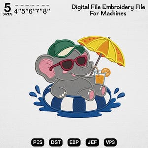 Könnte beinhalten: Digitales Stickmuster mit einem Cartoon-Elefanten mit Sonnenbrille und Kappe, der auf einem blau-weißen Schwimmring schwimmt. Der Elefant befindet sich unter einem gelben Sonnenschirm, mit einem Getränk. Größen: 10.16cm, 12.7cm, 15.24cm, 17.78cm, und 20.32cm.