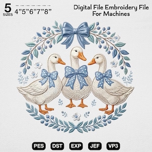 Blue Goose Embroidery Design, Grandmillennial Geese with Bows Machine File, Coastal Farmhouse Wreath Applique, Nursery Digital Stitch Art