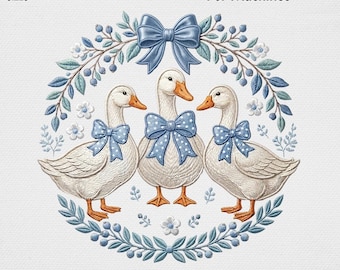 Blue Goose Embroidery Design, Grandmillennial Geese with Bows Machine File, Coastal Farmhouse Wreath Applique, Nursery Digital Stitch Art