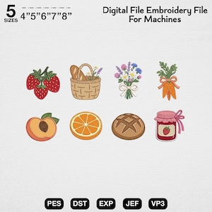 Puede incluir: Archivo de bordado digital con diseños de alimentos: fresas, cesta de pan, flores, zanahorias, melocotón, rodaja de naranja, pan y mermelada. Disponible en 5 tamaños: 10 cm, 13 cm, 15 cm, 18 cm y 20 cm. Para máquinas.