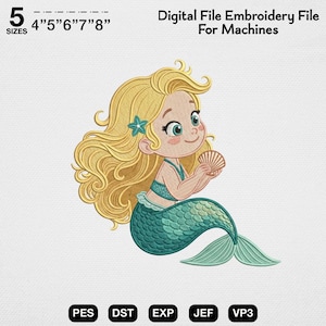 かわいい人魚の刺繍デザイン、海のプリンセスのミシンファイル、漫画の小さな女の子の魚の尾のステッチアート、保育園のおとぎ話のデジタルデザインセット