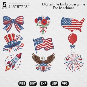 May include: Digital embroidery file with patriotic designs. Includes a bow, flowers, a map of the USA, a balloon, a hat, a flag, a rocket, an eagle, and fireworks. The file is available in 5 sizes, from 4" to 8". The file formats are PES, DST, EXP, JEF, and VP3.