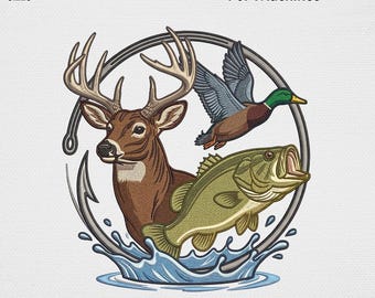 The Great Outdoors Embroidery Design, Hunting Fishing Duck Machine File, Whitetail Deer Bass Mallard Art, Outdoorsman Gift Digital Stitch
