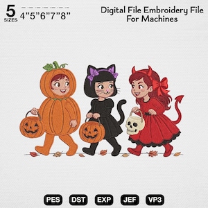 May include: Digital embroidery file for machines featuring three children in Halloween costumes: a pumpkin, a black cat, and a red devil. The design includes text stating 5 sizes 4" 5" 6" 7" 8" and file formats PES, DST, EXP, JEF, VP3.