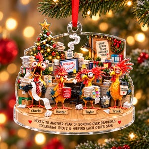 May include: A clear acrylic Christmas ornament featuring four cartoon chickens in an office setting. Text includes 'DEADLINES', 'MORE COFFEE', 'SAME CRAZY TEAM ANOTHER YEAR!', and 'HERE'S TO ANOTHER YEAR OF BONDING OVER DEADLINES, TOLERATING IDIOTS & KEEPING EACH OTHER SANE'.