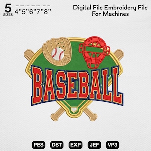 May include: A digital embroidery file design featuring a green baseball field shape with two crossed wooden bats, a tan glove holding a white baseball, and a red catcher's mask. The word BASEBALL is in large red letters with blue outlines.
