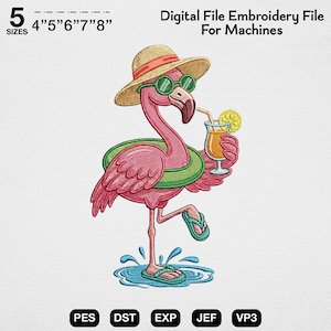 May include: Digital embroidery file featuring a cartoon flamingo wearing sunglasses, a straw hat, and a green inflatable ring. The flamingo is holding a cocktail with a lemon slice. The design is available in 5 sizes: 4", 5", 6", 7", and 8".