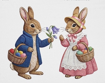 Vintage Easter Bunny Embroidery Design, Peter Rabbit Style Machine File, Classic Storybook Rabbit, Heirloom Spring Easter Egg Basket Art