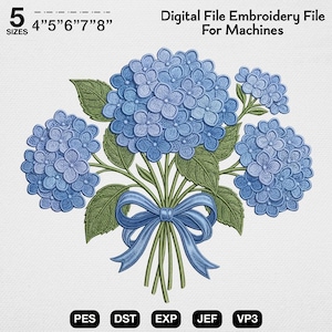Könnte beinhalten: Digitales Stickmuster mit einem Strauß blauer Hortensien, gebunden mit einem blauen Band. Das Design umfasst grüne Blätter und ist in 5 Größen von 10,16 bis 20,32 cm erhältlich. Der Text lautet "Digital File Embroidery File For Machines".