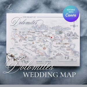 Aquarellkarte der Dolomiten | Willkommenskarte für Gäste | Hochzeit in den italienischen Bergen | Canva-Vorlage