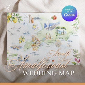 May include: A watercolor map of the Amalfi Coast featuring illustrations of lemons, sailboats, seagulls, and coastal towns like Positano and Ravello. The text reads Amalfi Coast, Romeo & Juliet, June 10, 2027, and includes a blue circular badge stating Editable with Canva.