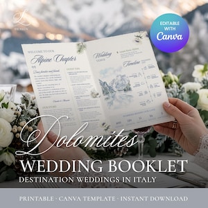 Könnte beinhalten: Ein gefaltetes Hochzeitsheft mit einer Aquarell-Bergillustration, blauem Text und einem Zeitplan für die Veranstaltung. Der Text enthält Welcome to Our Alpine Chapter, Wedding Venue, Timeline und Numbers Behind Our Love mit numerischen Daten.