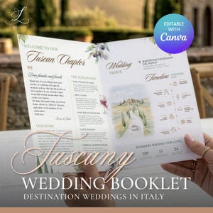 Può includere: Un libretto di nozze bianco intitolato Welcome to Our Tuscan Chapter con un'illustrazione ad acquerello di un sentiero tra i vigneti, una cronologia del matrimonio e sezioni di testo tra cui Our Story, The Tuscan Way e i dettagli della Venue con un badge blu Canva.