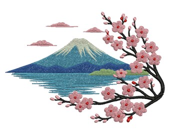 Japans bergborduurwerkontwerp, borduurwerk kersenbloesem berglandschap, Sakura-natuurscène, machineborduurwerk in Mount Fuji-stijl