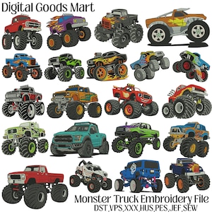 Könnte beinhalten: Eine Sammlung farbenfroher Monstertruck-Designs, ideal für Stickprojekte. Die Trucks weisen verschiedene Farben und Stile auf, darunter Flammen, Cartoon-Gesichter und einzigartige Karosseriedesigns. Der Text "Digital Goods Mart" und "Monster Truck Embroidery File" sind sichtbar.