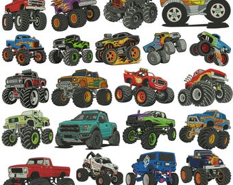 Borduurontwerpen monstertruck, borduurbestanden Big Wheel Truck, machineborduurset voor offroad-voertuigen voor kinderen