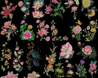 Bloemborduurontwerp, bloemenborduurwerkcollectie, pioenroos lotusbloesem borduurkunst, botanische bloem machineborduurontwerpen