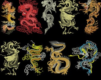 Borduurontwerp Chinese draak, Oosters borduurpatroon draak, Aziatische mythische draak, machineborduurwerk traditionele Chinese draak