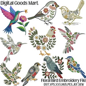 Puede incluir: Digital Goods Mart presenta una colección de diseños de bordado de aves florales. La imagen muestra varias aves, incluyendo colibríes, un loro y una gallina, cada una adornada con patrones florales. El texto "Floral Bird Embroidery File" es visible.