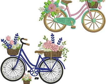 Vintage bloemen fietsborduurwerkontwerp, bloemenmand fietsborduurpatroon, Cottagecore tuinfiets, lentebloei machineborduurwerk