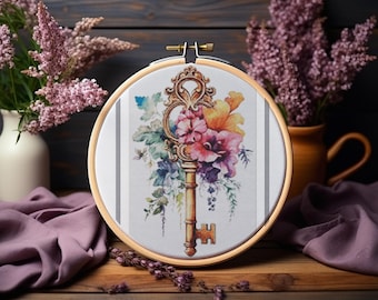 Pdf met kruissteekpatroon bloemen sleutel, vintage skeletsleutel met bloemen, botanische sleutel kruissteek, 18 count afdrukbaar ontwerp