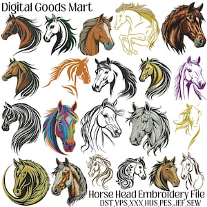 May include: A collection of horse head embroidery designs in various styles and colors. The image includes detailed illustrations, line art, and colorful renderings. Text at the bottom reads "Horse Head Embroidery File" and "Digital Goods Mart".