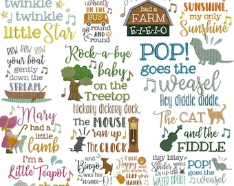 Kinderrijmpjes borduurwerk ontwerpen, rijmpjes borduren, decoratie kinderkamer, citaten borduurwerk, kussenontwerpen, machineborduurontwerpen
