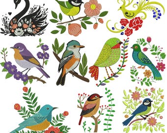 Bundel met bloemenvogelborduurwerk | Borduurpatronen met vogels en bloemen | Machineborduurbestanden downloaden
