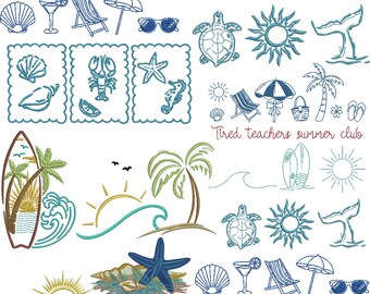 Summer Coastal Embroidery Design, Beach Ocean Line Art, Sea Turtle Shell Starfish Sun Wave Machine Embroidery Files, Nautical Vacation Set